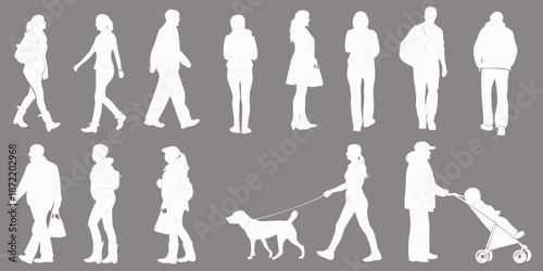 Silhouettes of people walking with a dog and stroller in various poses