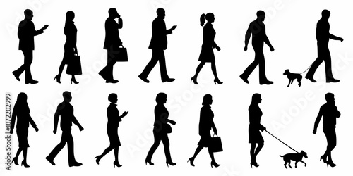 Silhouettes of people walking with varying poses and including pets