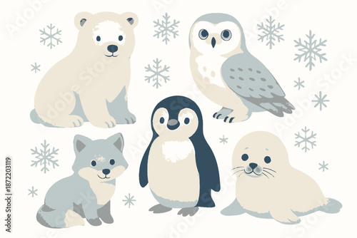 Arctic Animals Illustration Polar Bear Owl Penguin Seal and Arctic Fox.