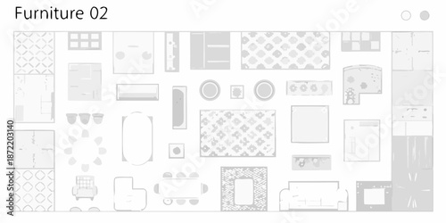 An overhead view of a furniture arrangement plan in grayscale