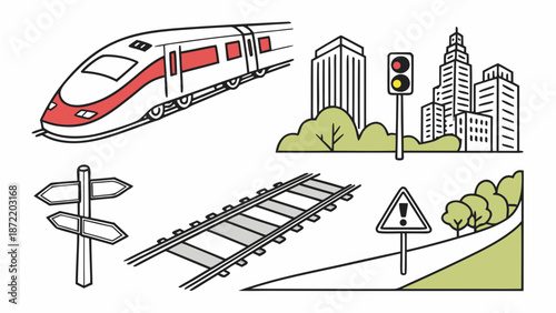 City Transportation Elements Train Buildings and Road Signs.
