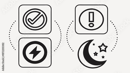 Icons depicting daytime and nighttime modes including a checkmark lightning bolt exclamation point moon and stars.
