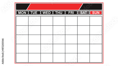 Empty Monthly Calendar Template Illustration With Weekday Headers And Clean Grid Layout Designed For Planning Scheduling And Organizational Use, Fully Editable Vector Template. 