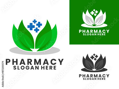 Pharmacy medical with green leaf logo design vector template. Nature medical logo vector.