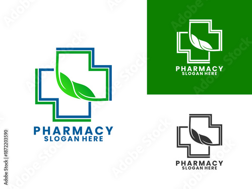Pharmacy medical with leaf logo design vector template. Creative Pharmacy logo vector.