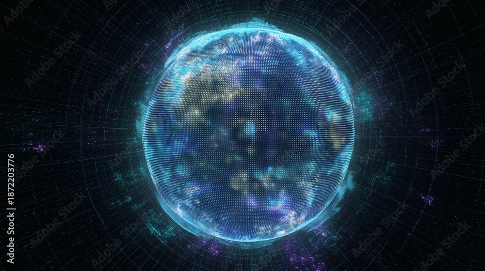 Obraz premium A digital rendering of a planet with a matrix surrounding it.