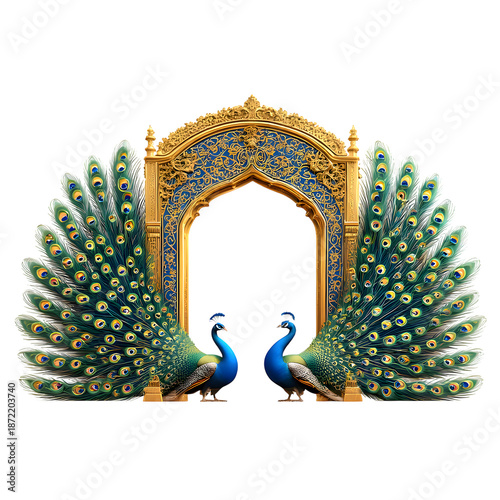 Majestic peacocks display vibrant feathers before ornate golden archway