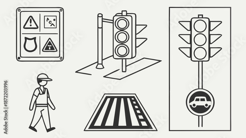 Road safety elements traffic lights pedestrian crossing and warning signs.