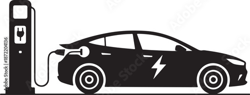 Electric car charging at a charging station silhouette