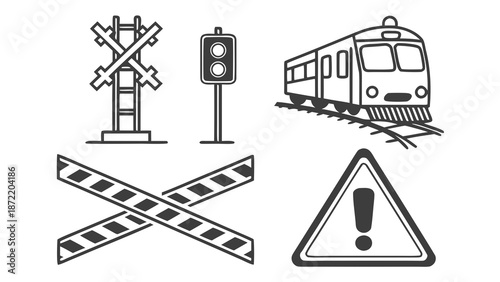 Train Crossing Safety Signs and Train Illustration Set.