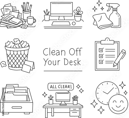 Desk cleaning icons set. Workspace organization outline collection.