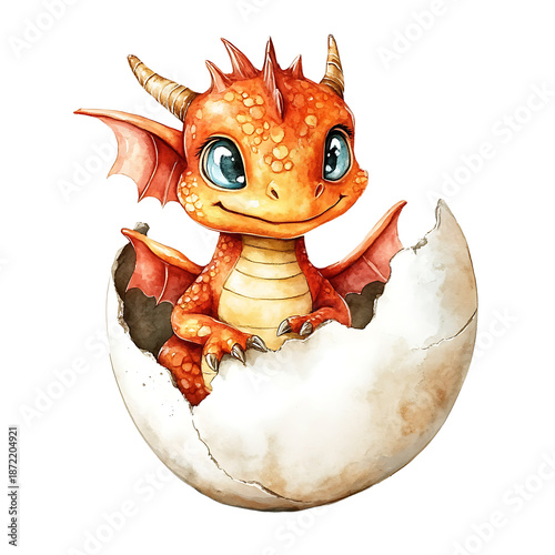 Adorable dragon emerging from eggshell illustration