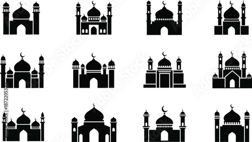 black silhouettes of various mosques on white background