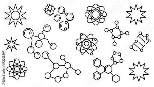 Line art illustration of molecules, atoms, and star shapes on a white background.