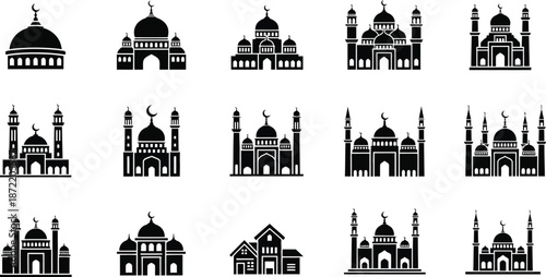 black and white mosque architecture icons set