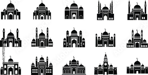 black and white mosque architecture icons set