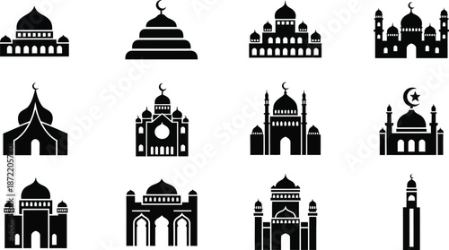 Set of various mosque building silhouettes