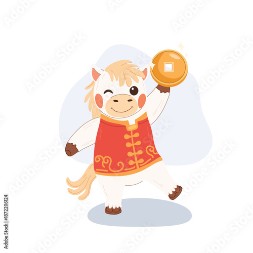 chinese new year white horse illustration holding gold coin festive zodiac character