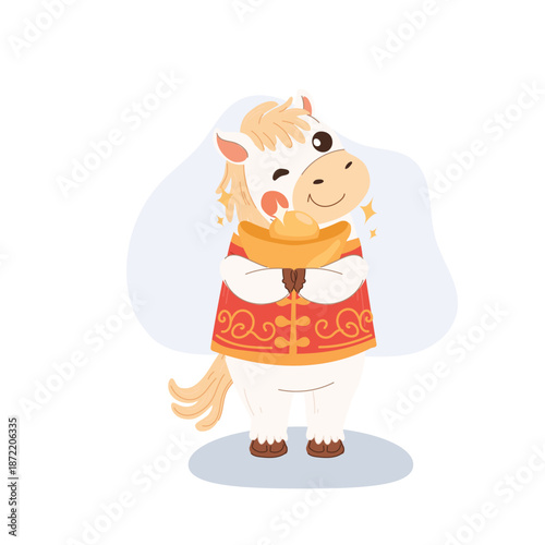 chinese new year white horse cartoon holding gold ingot festive zodiac illustration