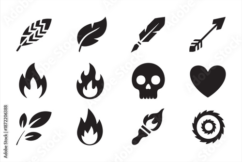 Black Monochrome Tattoo Icons for Streetwear and Rock Music Graphics