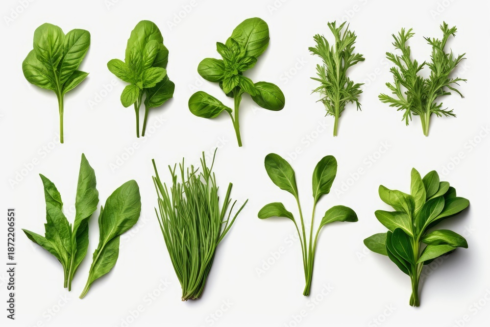 Fototapeta premium Assortment of fresh green culinary herbs on a clean white background