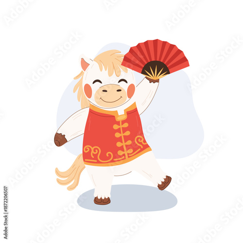 Cheerful white horse wearing traditional outfit and holding red fan for Chinese New Year.