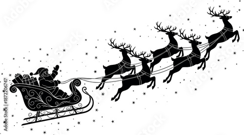 Black silhouette of Santa Claus in a decorative sleigh pulled by flying reindeer across a starry sky for Christmas holidays.