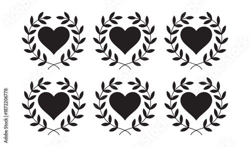 Black silhouette heart wreaths set with olive branch leaves and circular floral frames for romantic wedding craft