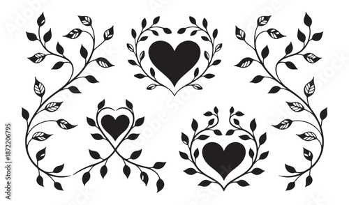 Floral heart arrangements and vine scroll set with black leaves and romantic botanical elements for wedding cards