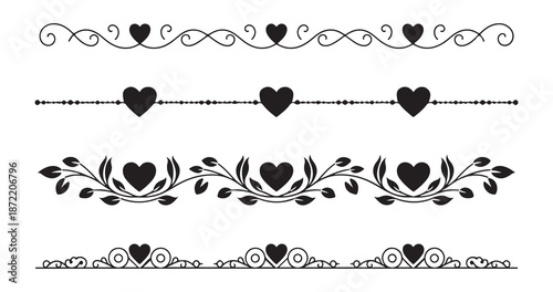 Heart dividers and decorative line borders set with romantic swirls and floral motifs for elegant page separators
