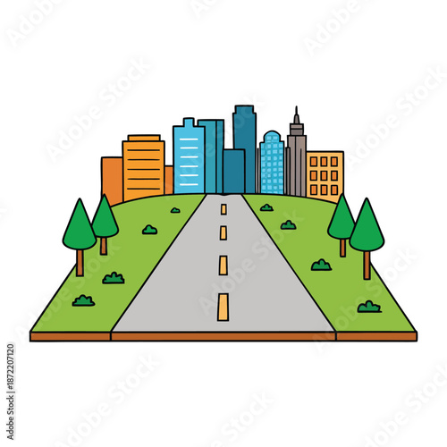 A bustling downtown road stretches ahead, lined with tall buildings, glowing streetlights, moving cars, and scattered pedestrians under a bright city sky.
