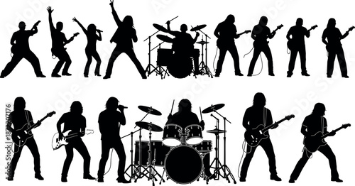 Comprehensive Collection of Rock Band Silhouettes Featuring Energetic Guitarists Bassists Singers and Drummers for Live Concert Music Performance Vector Illustration