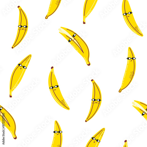 Cheerful banana seamless pattern for nursery decor and kids apparel. Banana characters for summer fabric, cute stationery, gift wrap, kids textiles, and organic food branding