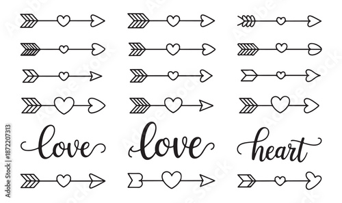 Various set of simple heart arrows and calligraphy love and heart words for romantic themes