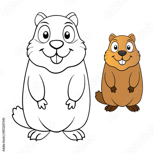 A lonely groundhog gazes sadly at falling snow, tiny paws pressed together, eyes full of longing, as winter blankets the world in quiet white.
