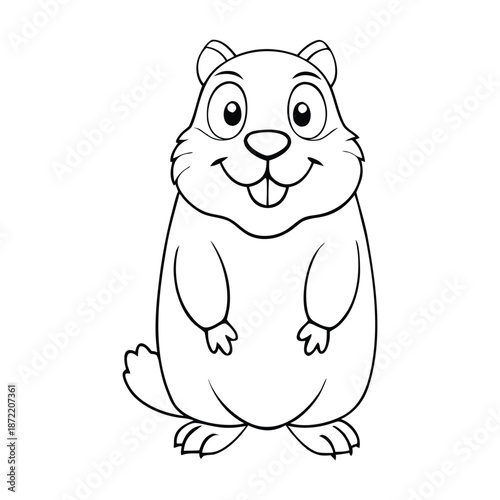 A lonely groundhog gazes sadly at falling snow, tiny paws pressed together, eyes full of longing, as winter blankets the world in quiet white.
