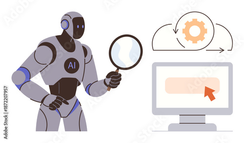 Artificial intelligence, data analysis, machine learning, technology, automation, and innovation. Robot with a magnifying glass near a computer showing a cloud and gear icon. Artificial intelligence