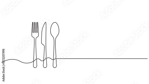 Spoon, fork and knife continuous one line drawing minimalist style animation video, Spoon, fork and knife continuous one line drawing minimalist style animation video
