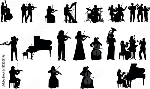 Silhouette collection of professional orchestral musicians playing classical instruments including piano violin cello drums trumpet harp and brass band performers.