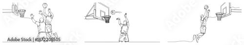 Continuous line drawing set of basketball players shooting and dunking near the hoop