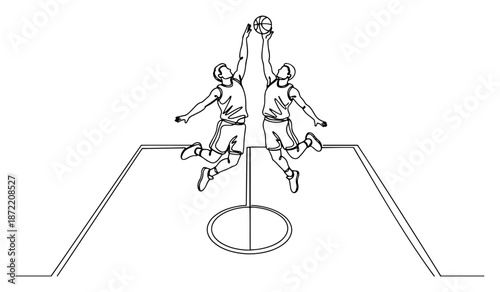 Continuous line drawing of basketball jump ball tip off over center court line