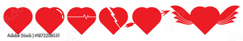 Red heart vector icons set. Heartbeat icon, broken heart, cardiogram heart icon, wing heart, A various Romantic valentine heart symbol set for app, banner, poster and card design.