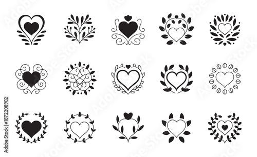 Set of black heart floral icons for wedding decoration hand drawn botanical elements and love symbols for design