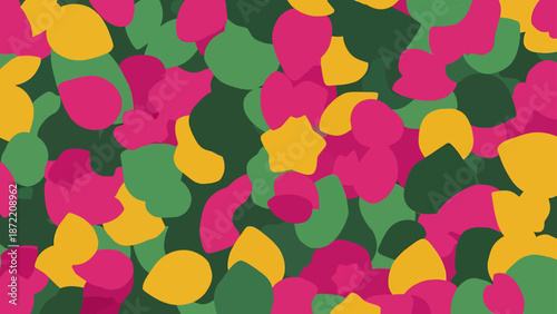 abstract organic pattern of fuchsia green and gold shapes creating a vibrant seamless background for modern design projects