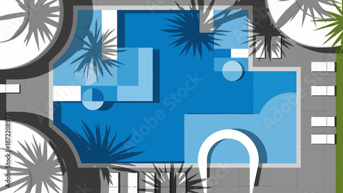 aerial view modern swimming pool an outdoor leisure area with sun loungers and tropical tree shadows ideal for summer vacation concepts.