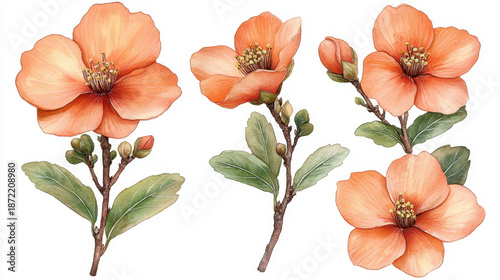 Delicate Orange Blossom Illustrations with Green Leaves and Buds