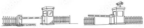 Continuous line drawing of a security checkpoint booth with an automatic barrier gate and camera