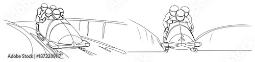 Continuous line drawing set of a bobsleigh team racing down the ice track
