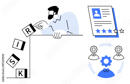 Man preventing risk blocks from falling, a rated resume, and a workflow cycle with gears and people. Ideal for hiring, strategy, teamwork, leadership, project planning, human resources simple flat