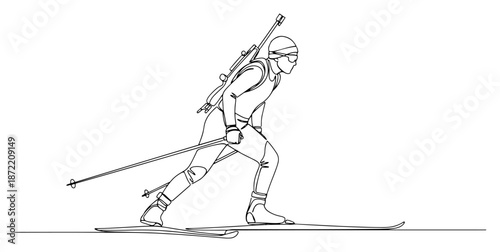 Continuous line drawing of biathlon athlete skiing with rifle on back